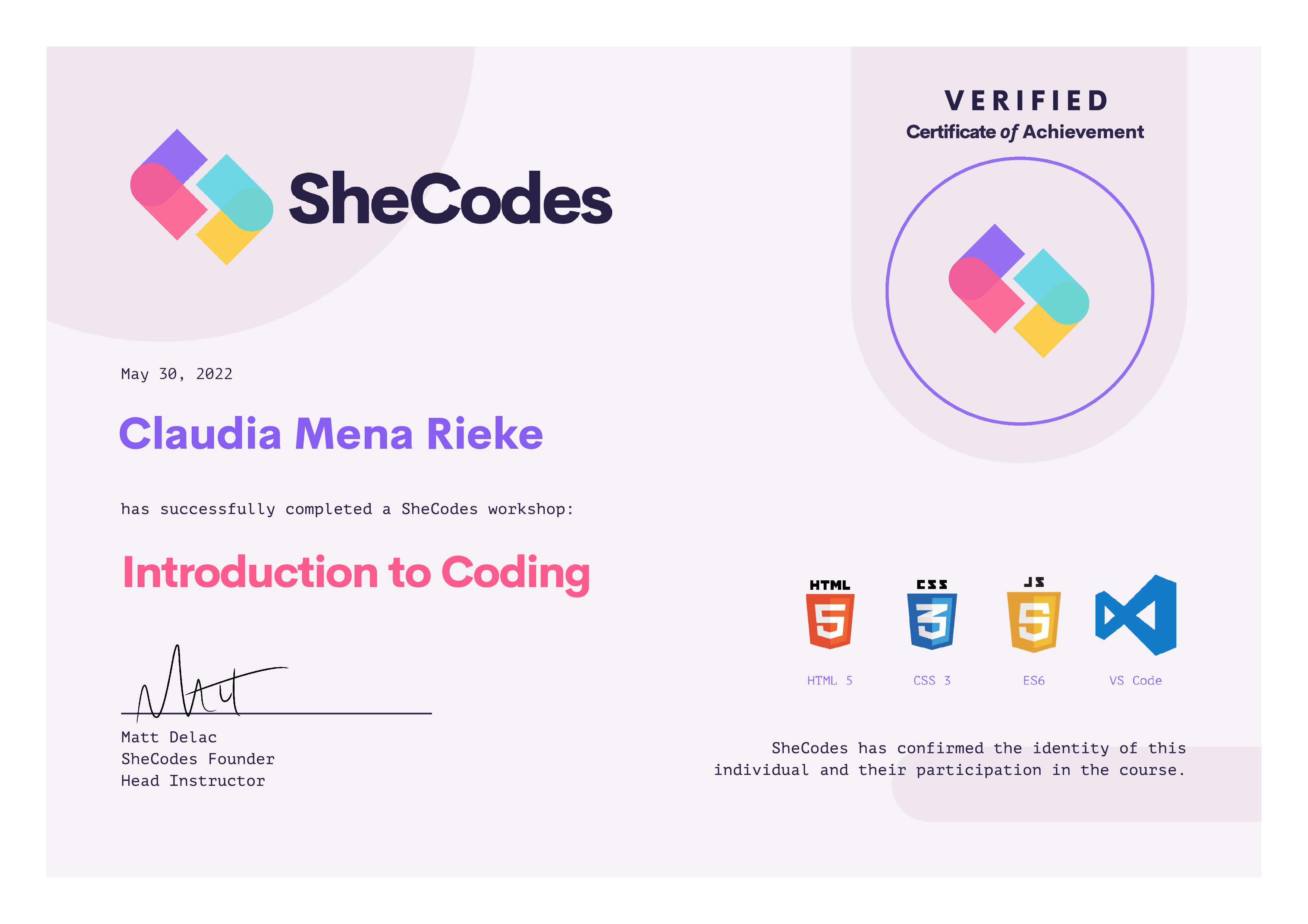 SheCodes Introduction Certificate